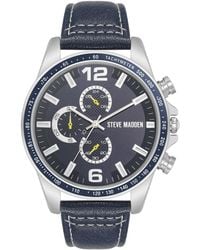 Steve Madden - Modern Navy Faux Leather And Silver-tone Alloy Metal Watch - Lyst