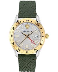 Versace - Swiss Greca Time Gmt Green Leather Strap Watch 41mm - Lyst