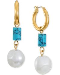 Alfani Gold-tone Color Bead & Imitation Pearl Charm Hoop Earrings, Created For Macy's - Blue