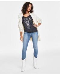 Guess - Short Sleeve Rose Graphic Top Belted Cardigan Sweater Skinny Denim Jeans - Lyst