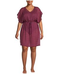 Lands' End - Plus Size Sheer Over D Short Sleeve Gathered Waist Swim Cover-up Dress - Lyst