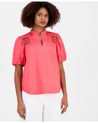 Tahari - Split-neck Lace-yoke Puff-sleeve Top - Lyst