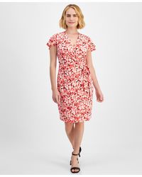 Anne Klein - Petite Printed Flutter-sleeve Faux-wrap Dress - Lyst