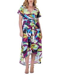 24seven Comfort Apparel - Print V Neck Belted High Low Faux Wrap Dress - Lyst