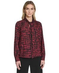 Calvin Klein - Petite Printed Long Sleeve Tie Neck Top - Lyst