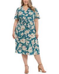 London Times - Plus Size Flutter-sleeved Shirred Midi Dress - Lyst