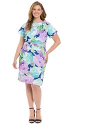 London Times - Plus Size Floral-print Tie-neck Sheath Dress - Lyst