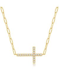 Simona - Sterling Silver Cz Sideways Cross Paperclip Necklace - Lyst