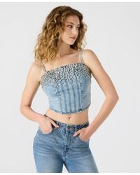Steve Madden - Eras Embellished Cotton Denim Crop Top - Lyst