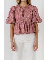Free the Roses - Puff Sleeve Ruffled V Blouse - Lyst
