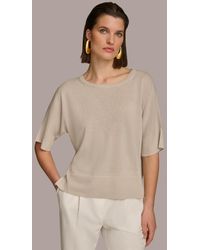 Donna Karan - Metallic-knit Short-sleeve Sweater - Lyst