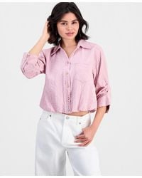 Democracy - Petite Smocked Collar Bubble-hem Striped Collared Shirt - Lyst
