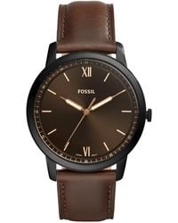 Fossil - Minimalist Quartz Stainless Steel And Leather 44mm Big Face Three-hand Watch Black/brown Model Fs5551 - Lyst