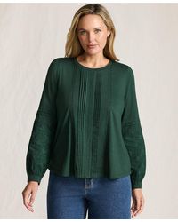 Lands' End - Plus Size Lightweight Jersey Lace Mix Long Sleeve Pintuck Top - Lyst