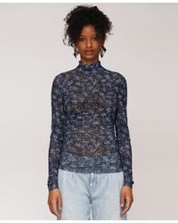Avec Les Filles - Printed Mesh Mock Neck Ruched Top - Lyst