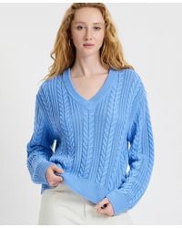 French Connection - Ryland Blue Cable Knit V-neck Sweater - Lyst