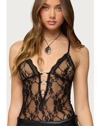 Edikted - Liona Plunge Neck Sheer Lace Bodysuit - Lyst