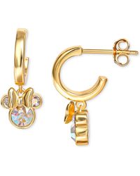 Disney Crystal Minnie Mouse Dangle Hoop Earrings In 18k Gold-plated Sterling Silver - Metallic