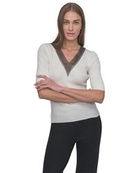 DKNY - Crystal V-neck Cable-knit Embellished Pullover Sweater - Lyst