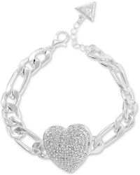 Guess - Silver-tone Pavé Heart Chunky Chain Link Bracelet - Lyst