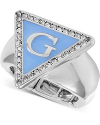 Guess Silver-tone Pavé Color Triangle Logo Stretch Ring - Blue