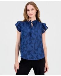 Anne Klein - Floral Ruffle-sleeve Tie-neck Blouse - Lyst