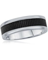 Metallo - Stainless Steel Black Mesh Inlay Polished Band Ring - Lyst