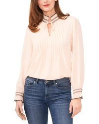Cece - Contrast Stitch Blouson Sleeve Pleated Front Top - Lyst