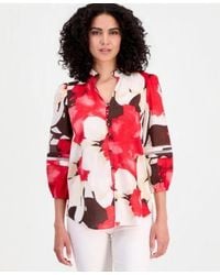 Anne Klein - Cotton Ruffled Neck 3 4 Sleeve Blouse - Lyst