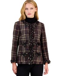 Anne Klein - Plaid Fringe Trim Tweed Jacket - Lyst