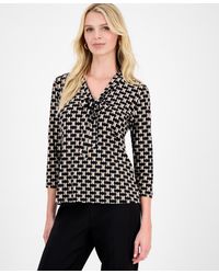 Kasper - Geo-print Tie-neck 3/4-sleeve Blouse - Lyst