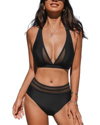 CUPSHE - Halter V Neck Tie Back Mesh Panel Bikini Sets - Lyst