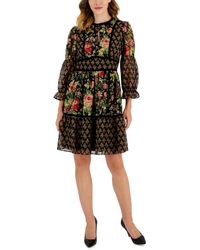 Tahari - Mixed-print Velvet-trim 3/4-sleeve Dress - Lyst