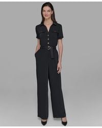 Karl Lagerfeld - Petite Belted Short-sleeve Button-front Jumpsuit - Lyst