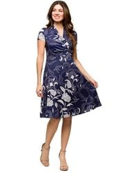 24seven Comfort Apparel - Navy Print Short Sleeve Knee Length V Neck Wrap Dress - Lyst