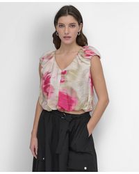 DKNY - Floral-print V-neck Cap-sleeve Top - Lyst