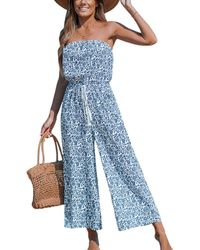 CUPSHE - Blue Floral Swirl Tube Top Wide Leg Jumpsuit - Lyst