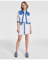 Guess - Natalie Tweed Denim Jacket Crystal Logo Cotton T Shirt Tweed Denim Mini Skirt - Lyst