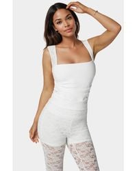 Bebe - Shirring Lace Sleeve Top - Lyst