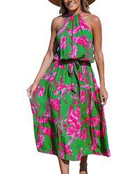 CUPSHE - Pink-and-green Floral Maxi Halter Beach Dress - Lyst