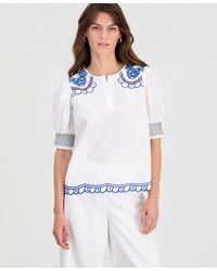 Tahari - Cotton Embroidered-trim Split-neck Top - Lyst