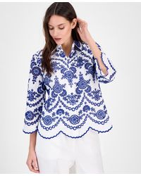 売れ筋商品|||アンクライン カットソー トップス レディース Plus Size Cotton Embroidered Eyelet Blouse Santorini Blue/White Anne Klein Plus Size Cotton Embroidered Eyelet Blouse in