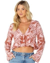 Roxy - Night Sky Long Bell-sleeve V-neck Floral-print Crop Top - Lyst