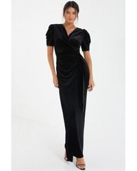 Quiz - Velvet Wrap Maxi Dress With Puff Sleeves - Lyst