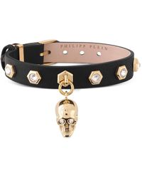 Philipp Plein - Gold-tone Ip Stainless Steel Pave 3d $kull Charm Crystal-studded Leather Bracelet - Lyst