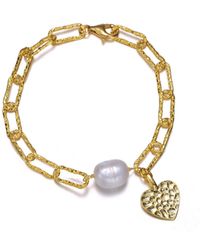 Genevive Jewelry - Sterling Silver 14k Plated Genuine Freshwater Pearl And Cubic Zirconia Lobster Claw Link Bracelet - Lyst