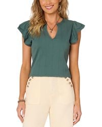 Democracy - Petite Flutter-sleeve Split-neck Top - Lyst