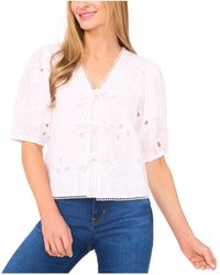Cece - Short Sleeve Open Tie Front Embroidered Top - Lyst