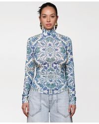 Avec Les Filles - Printed Mesh Mock Neck Ruched Top - Lyst