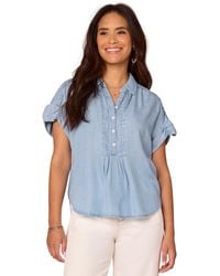 Democracy - Petite Ruched-sleeve Quarter-button Collared Top - Lyst